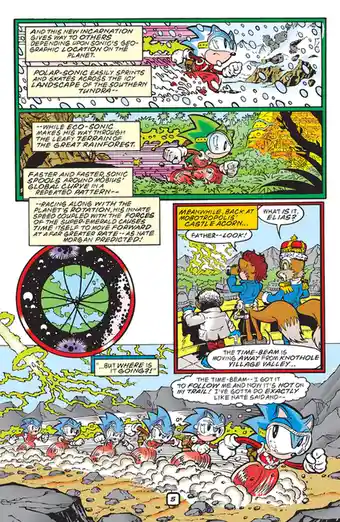 A comic page from Sonic the Hedgehog shows Sonic running through different biomes, with text explaining his 'incarnations'…