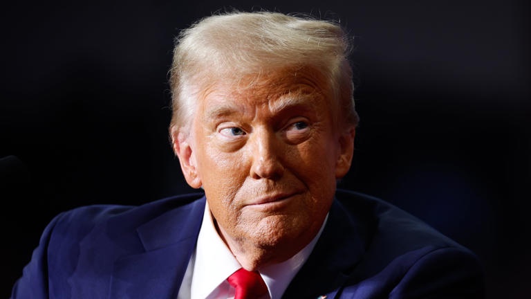 a close-up photo of donald trump wearing a dark suit and red tie, looking sideways with a skeptical or unimpressed…
