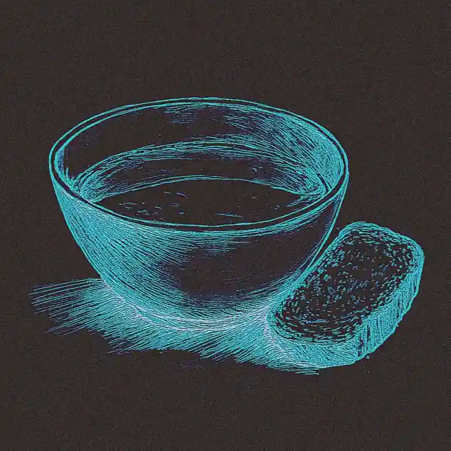 A stylized cyan line-art illustration shows a bowl of soup next to a piece of bread on a dark background. The image has no…