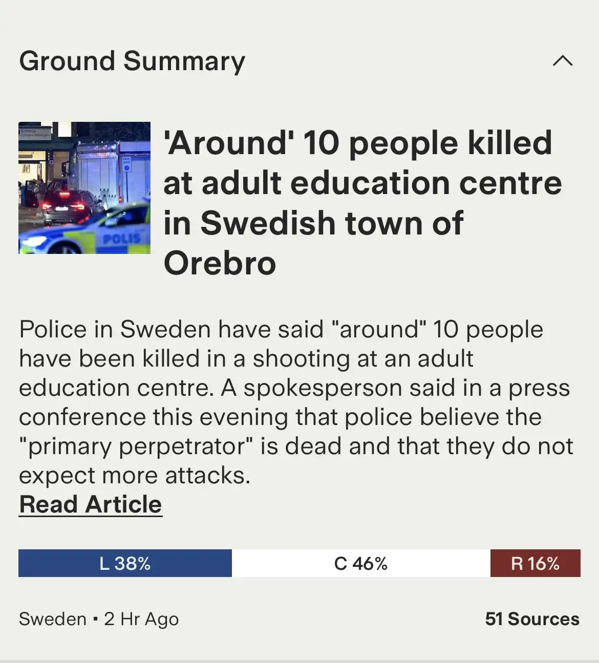 A screenshot of a news summary shows a headline about a shooting at an adult education center in Orebro, Sweden, with police…