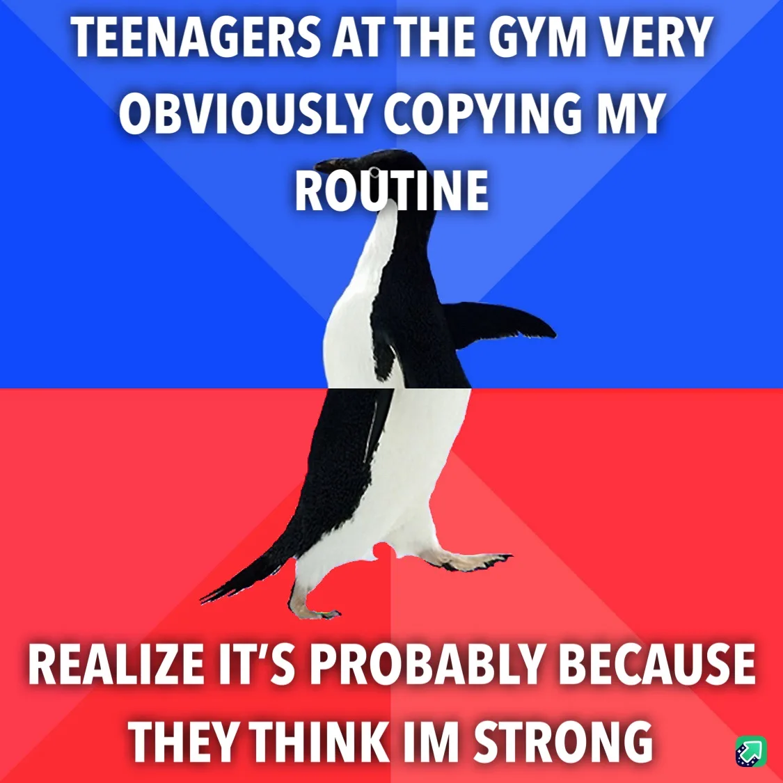 A penguin stands centered against a blue and red background, with white text overlaid in two sections. The top text reads…