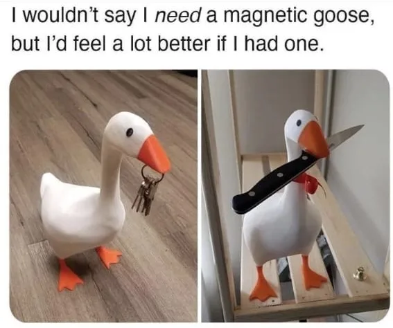 The image displays two side-by-side photos of a white plastic goose with orange beak and feet. In the left photo, the goose…