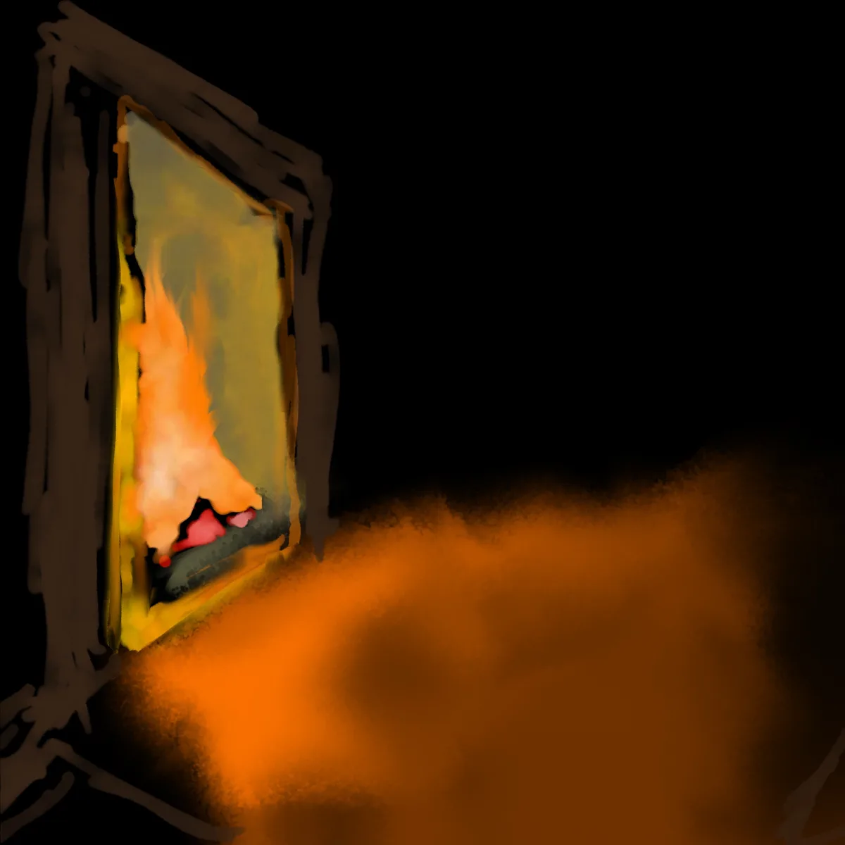 A dark, stylized illustration shows a window with a bright orange fire burning inside, casting light and heat onto the…