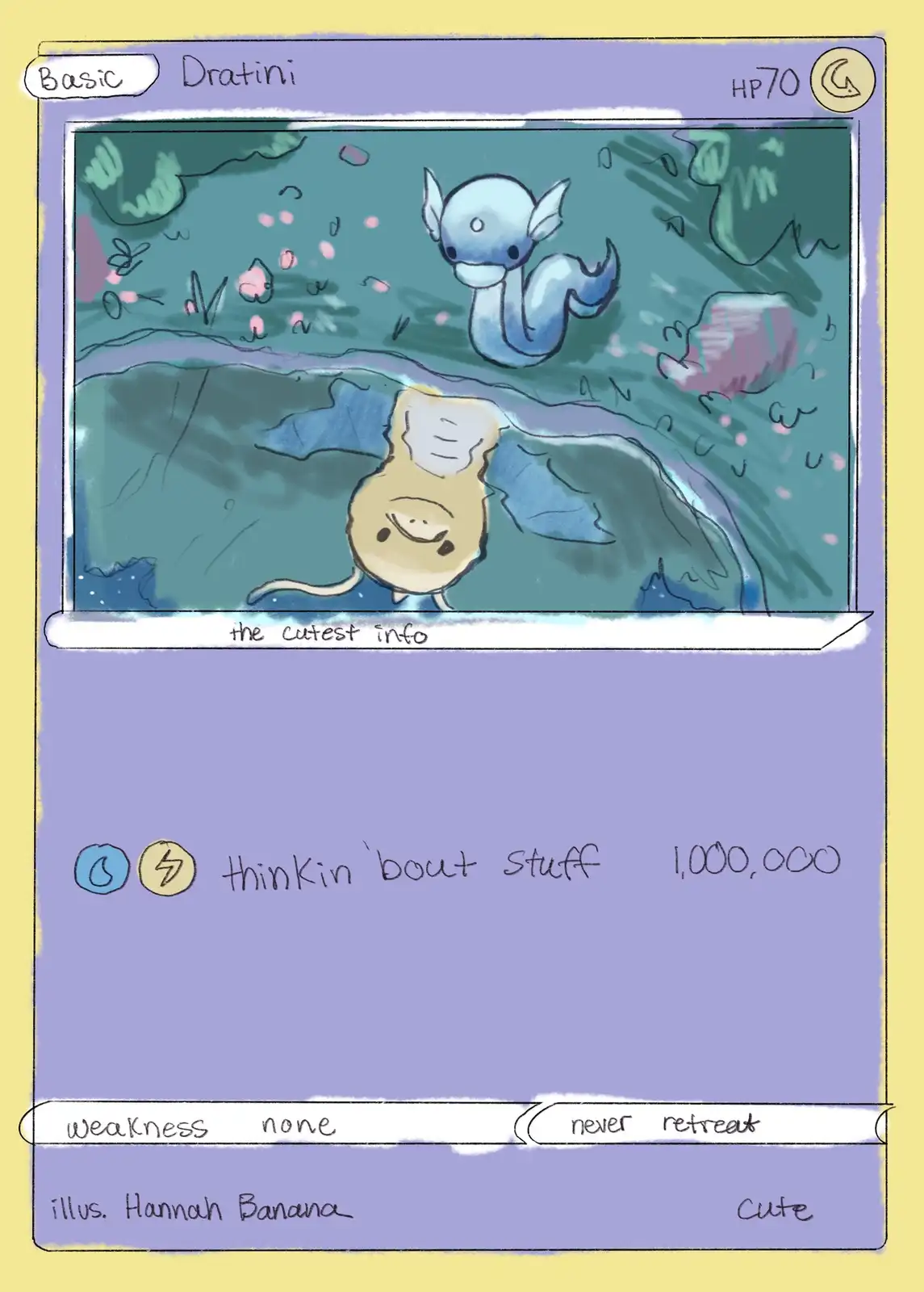 This image is a parody Pokémon card featuring Dratini, with a cartoonish, hand-drawn style. The card has 'Basic Dratini' at…
