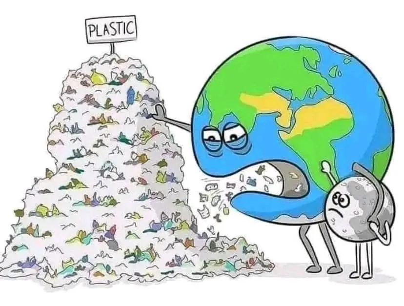 A cartoon Earth with a sad, tired expression is vomiting a large pile of colorful plastic waste, labeled 'PLASTIC', while a…