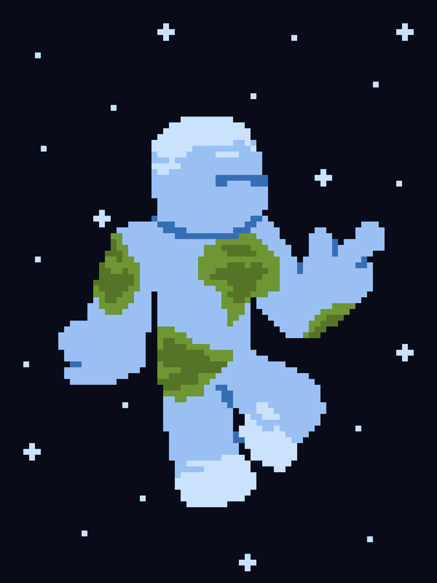 A pixelated, light blue snowman with a green scarf stands against a dark background with white stars. The snowman has a…