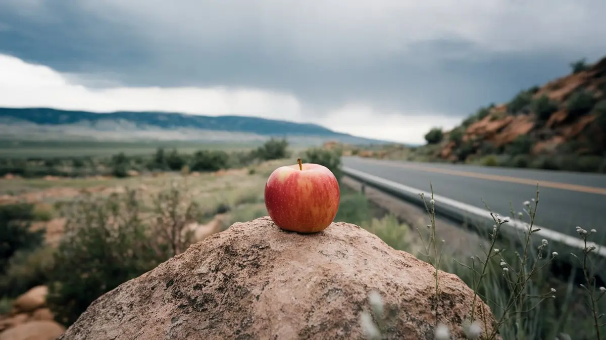 A single red apple sits prominently on a large, textured rock in the foreground, with a blurred desert landscape and a paved…