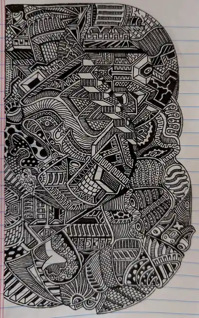 A black-and-white ink drawing on lined notebook paper depicts a highly intricate, abstract, and densely patterned shape…