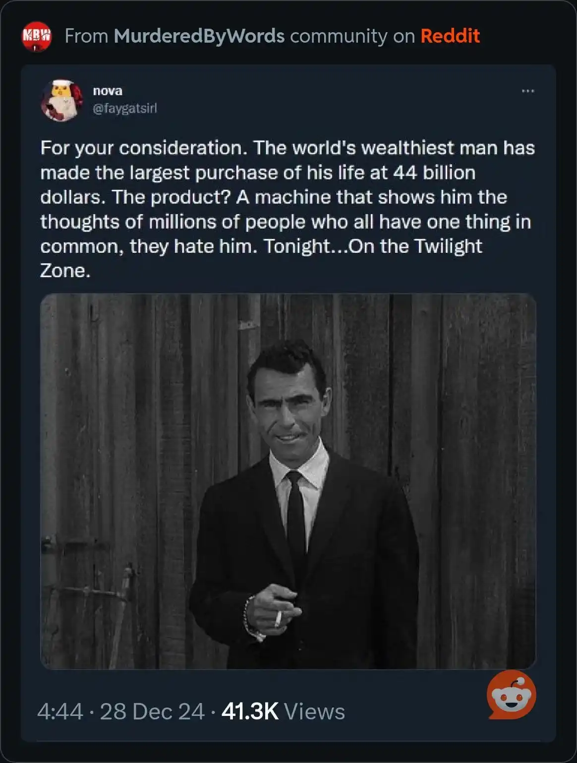 A black-and-white image of a man in a suit holding a cigarette, overlaid with text describing a fictional plot where the…