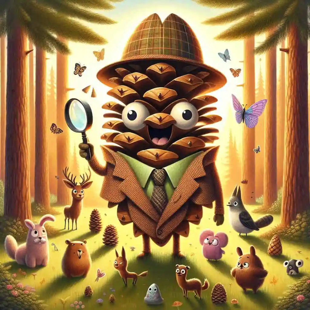 A cartoon pinecone wearing a brown trench coat, green shirt, patterned tie, and a plaid deerstalker hat, holding a…