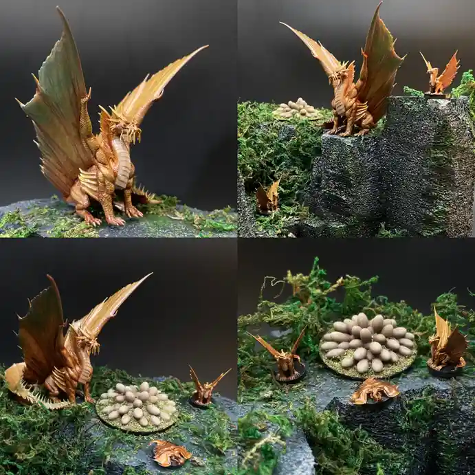 A four-panel image shows a large, detailed golden dragon model in various poses around a clutch of eggs and smaller dragon…