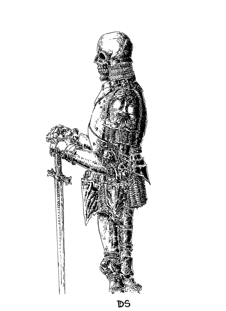 A black-and-white line drawing depicts a skeleton wearing full medieval armor, including a chainmail coif and ornate plate…
