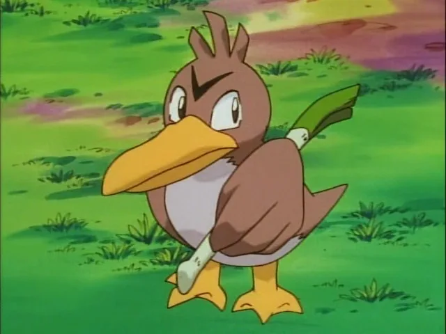 A cartoon duck-like Pokémon, Spearow, stands in a grassy field holding a green leafy sword. The image has overlaid text…