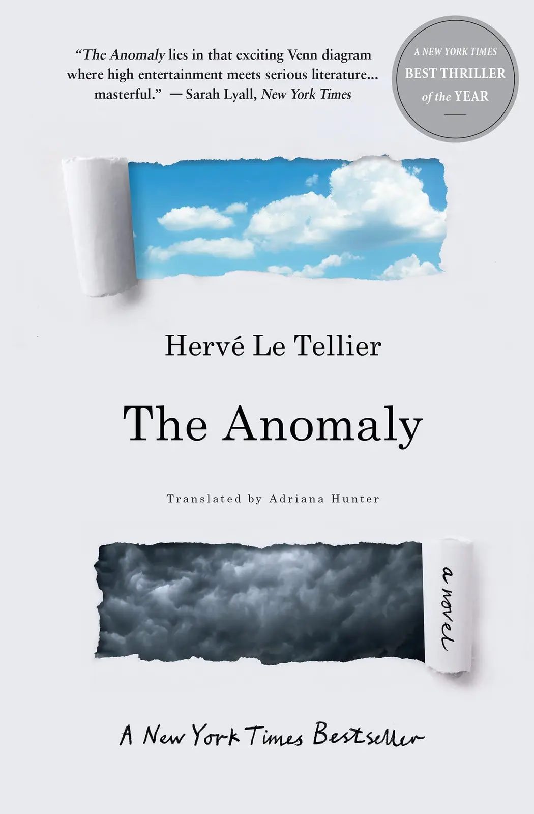 The image is a book cover for 'The Anomaly' by Hervé Le Tellier, featuring torn paper revealing a bright blue sky with…
