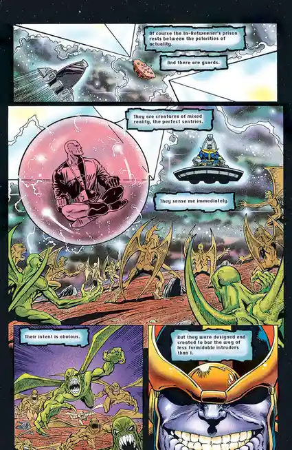 A comic book panel shows a bald man meditating in a pink energy bubble while monstrous, winged creatures attack him. A…