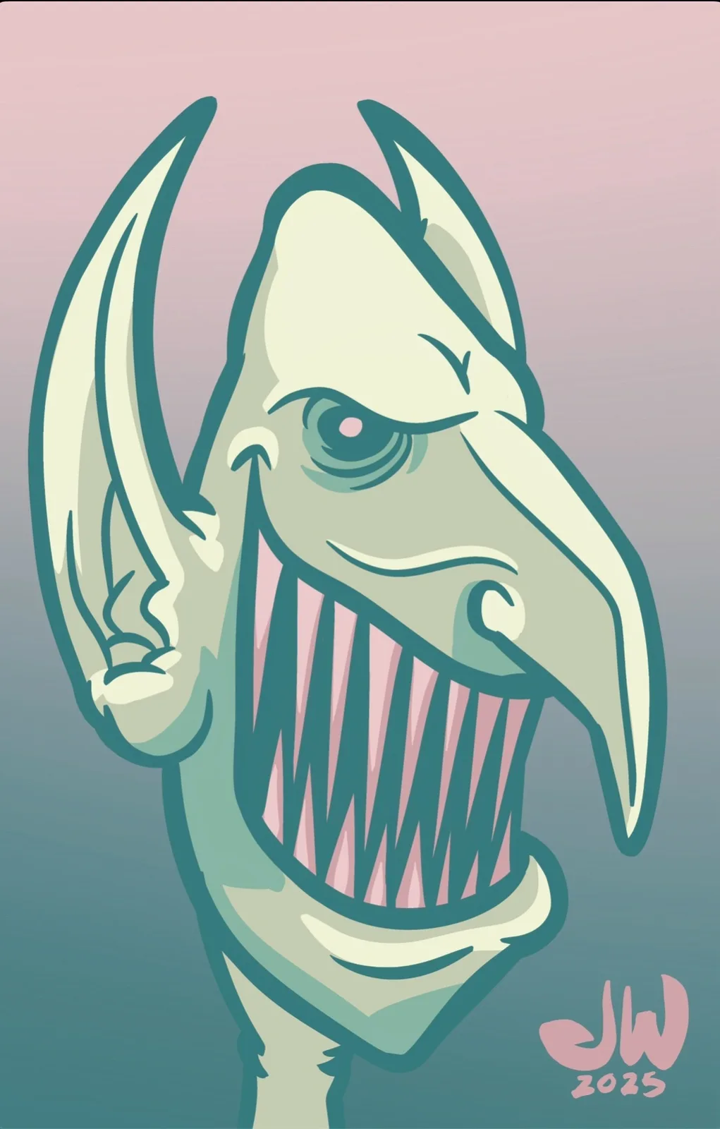 A cartoonish, green-skinned, horned creature with a wide, toothy grin and one visible eye stares forward against a gradient…