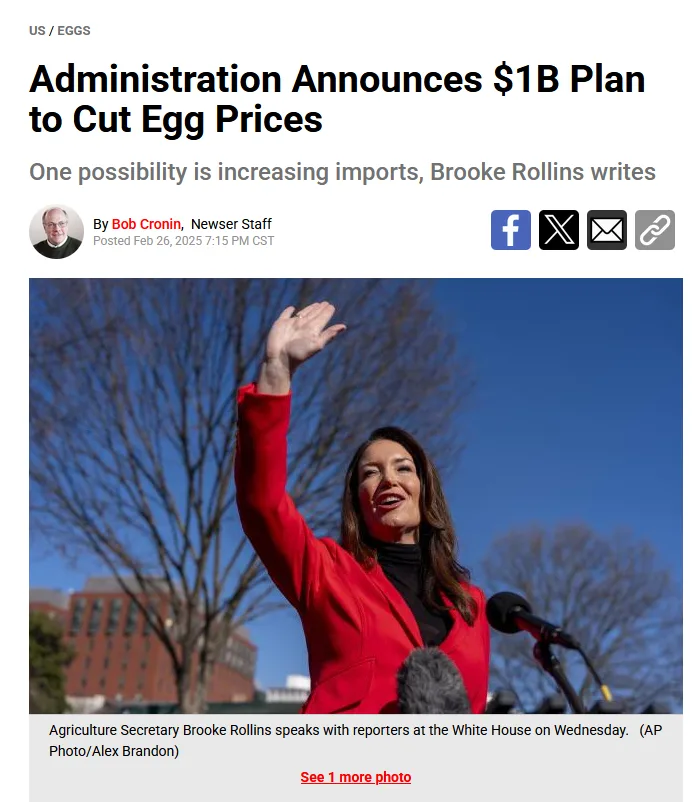 A screenshot of a news article shows Agriculture Secretary Brooke Rollins waving while speaking at the White House. The…