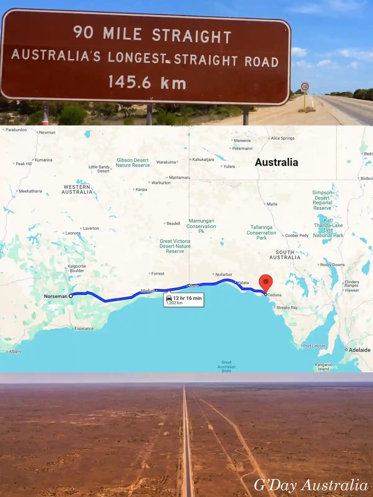 The image is a three-panel meme. The top panel shows a brown road sign stating '90 MILE STRAIGHT AUSTRALIA'S LONGEST…