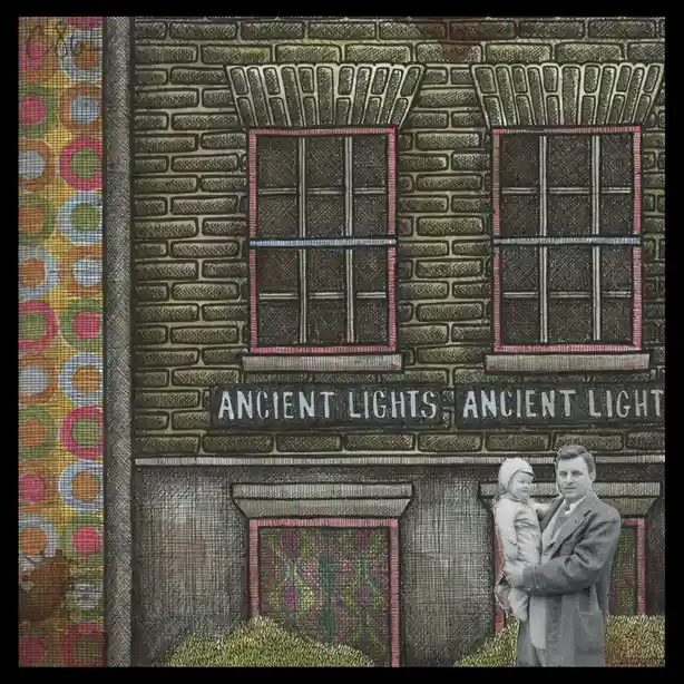 An illustration of a brick building with two upper windows and a lower window with colorful patterned glass, overlaid with…