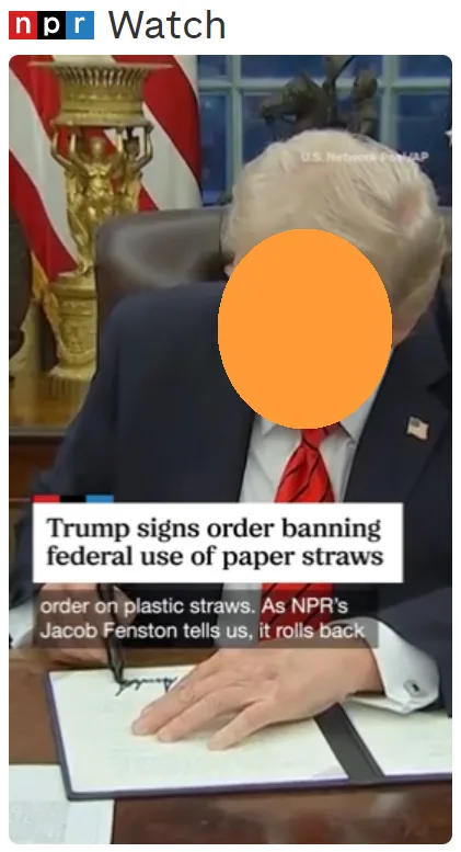 A still image from an NPR news broadcast shows a man in a suit and red tie seated at a desk, signing a document. His face is…