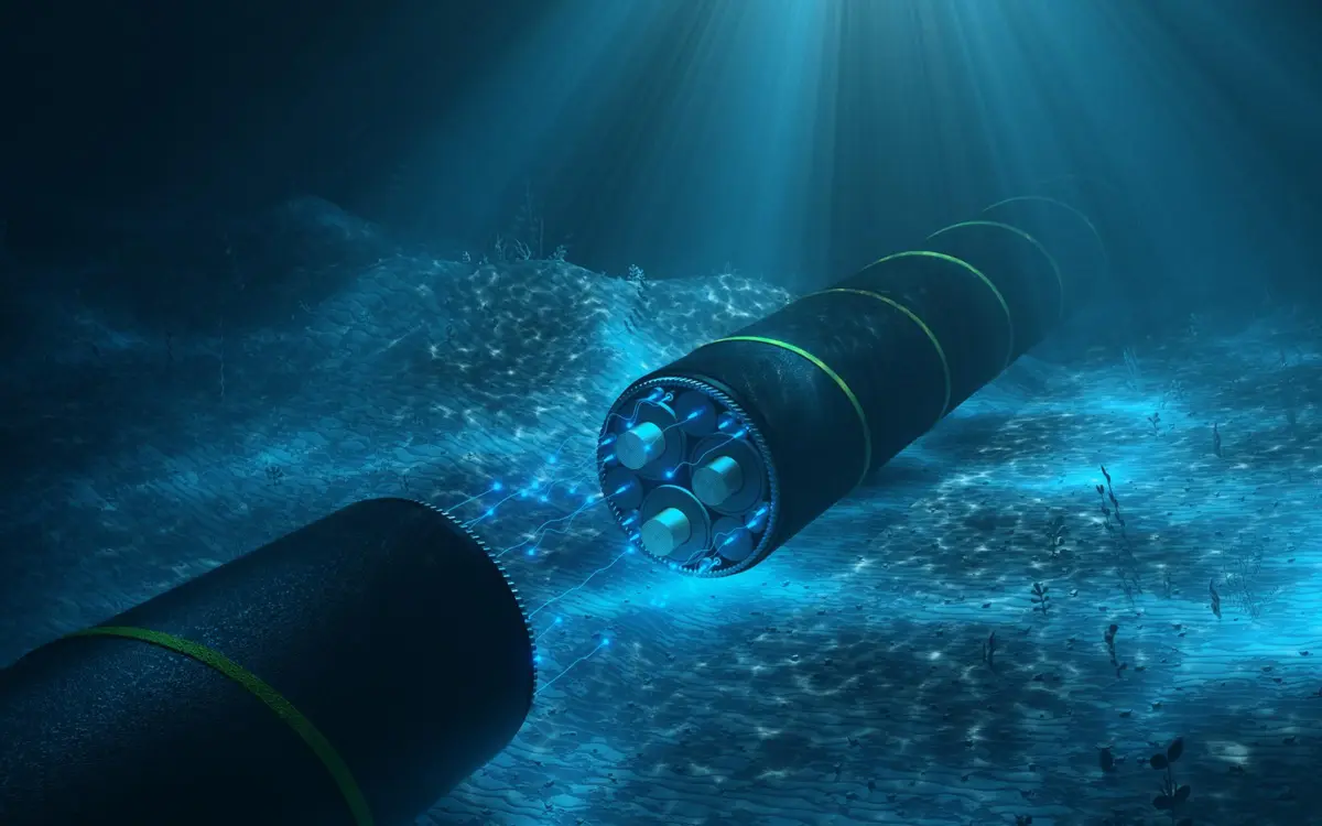 An underwater illustration shows a large, black, segmented cable lying on the ocean floor, with one end cut open to reveal…