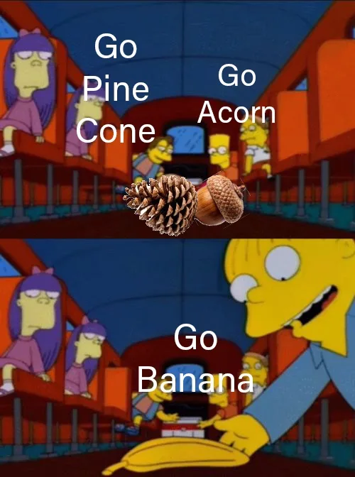 The image is a two-panel meme using a scene from The Simpsons. In the top panel, Bart Simpson holds a pinecone and an acorn…