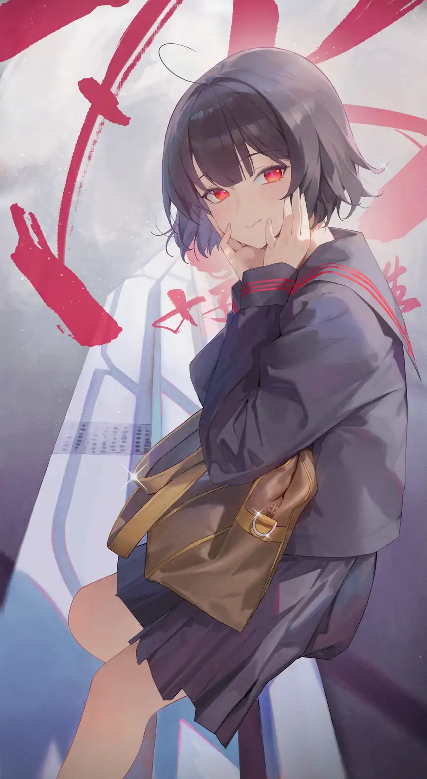 An anime-style illustration of a young woman with short dark hair and striking red eyes, wearing a dark grey school uniform…