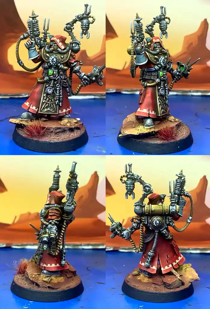A four-panel image shows a heavily armored, red-robed miniature figure with multiple mechanical arms and weapons from…