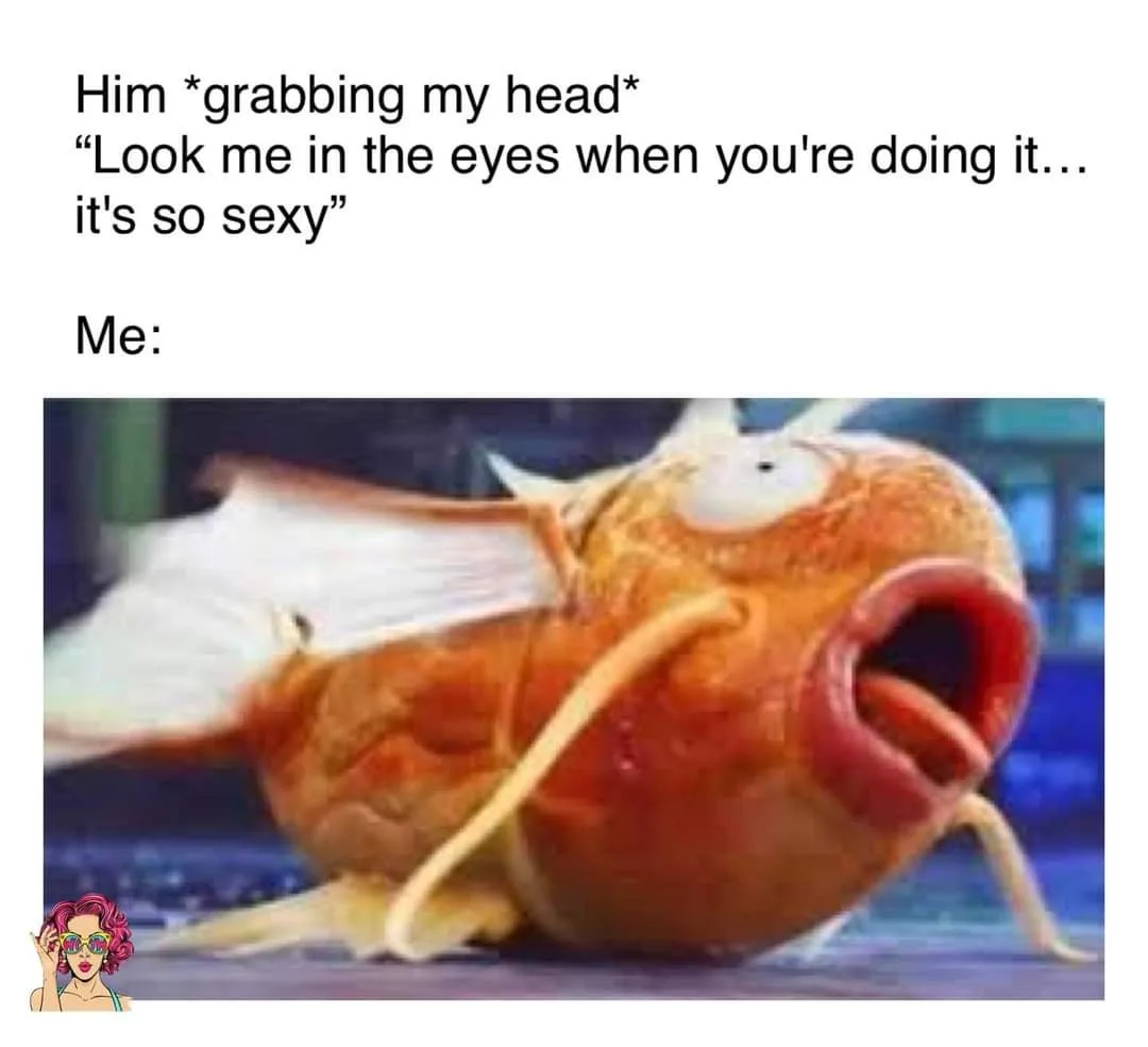 The image shows a close-up of a goldfish with a wide-open mouth and bulging eyes, appearing startled or overwhelmed. Above…