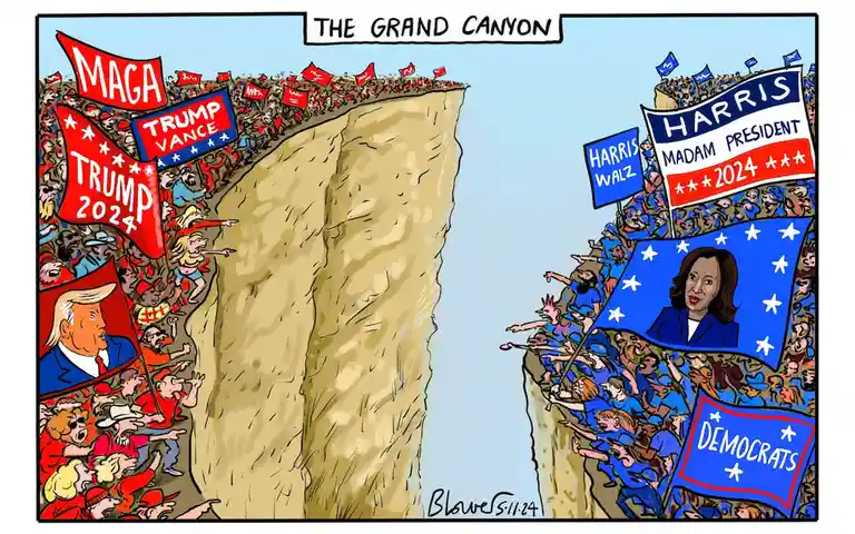A political cartoon depicts two crowds on opposite sides of a deep canyon labeled 'THE GRAND CANYON'. The left side, in red…