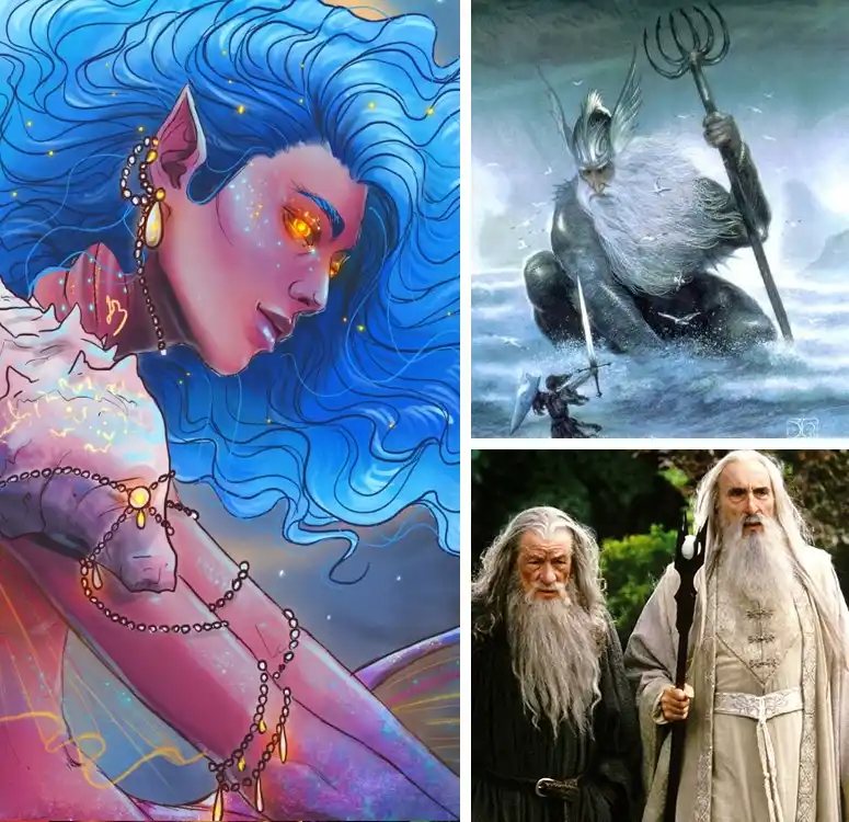The image is a collage of three panels: left, a fantasy illustration of a blue-haired, glowing-eyed mermaid-like figure; top…