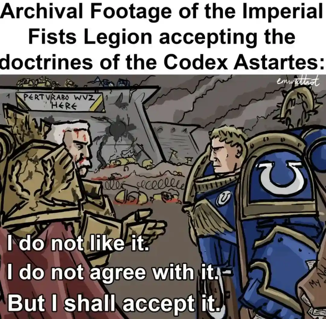 A cartoon depicts a bloodied, older man in a red robe speaking to a younger man in blue and gold Imperial Fists armor. The…