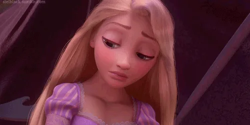 The image shows six panels of Disney's Rapunzel from Tangled, arranged in two rows of three. In each panel, she is shown…