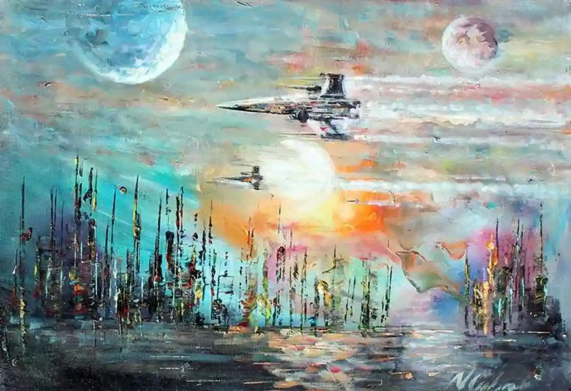 A colorful, abstract painting depicts Star Wars X-Wing and TIE fighter spacecraft flying over a stylized cityscape with…