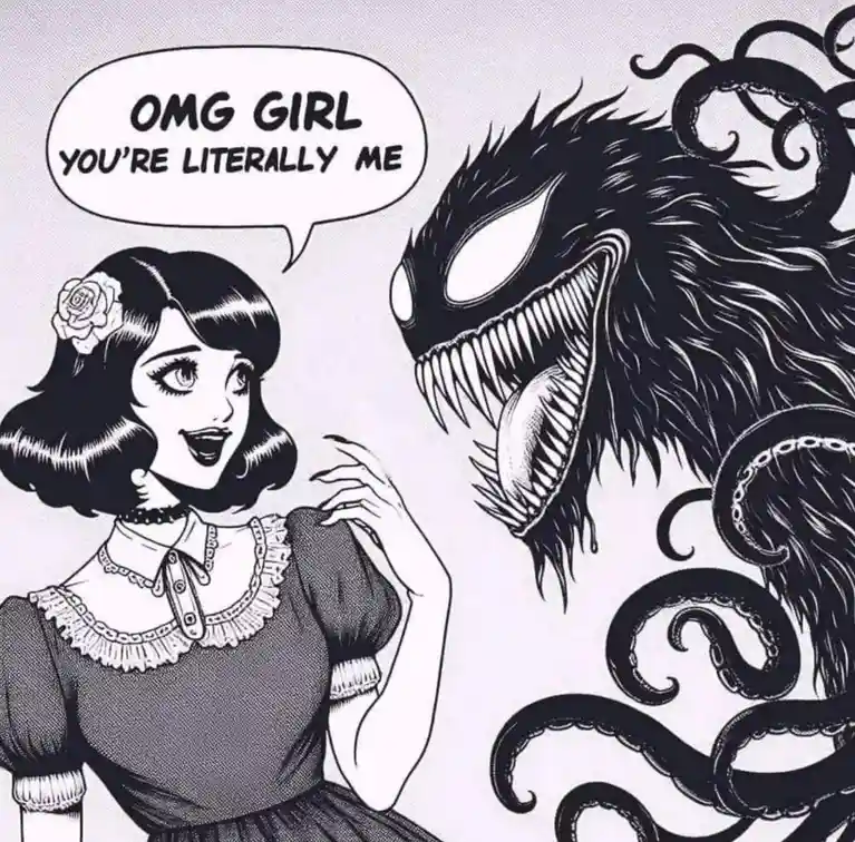 A black-and-white comic panel shows a cheerful, vintage-style girl with a rose in her hair and a ruffled dress, looking…