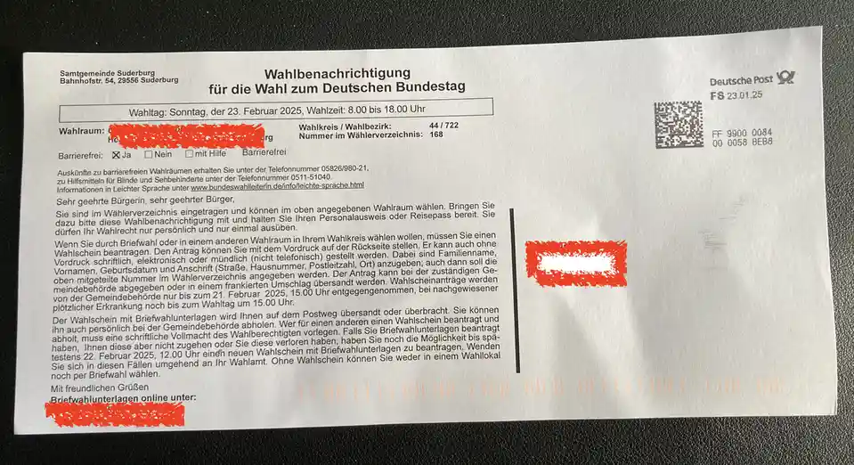 A German Bundestag election notification letter from Samtgemeinde Suderburg, dated February 23, 2025, with personal details…