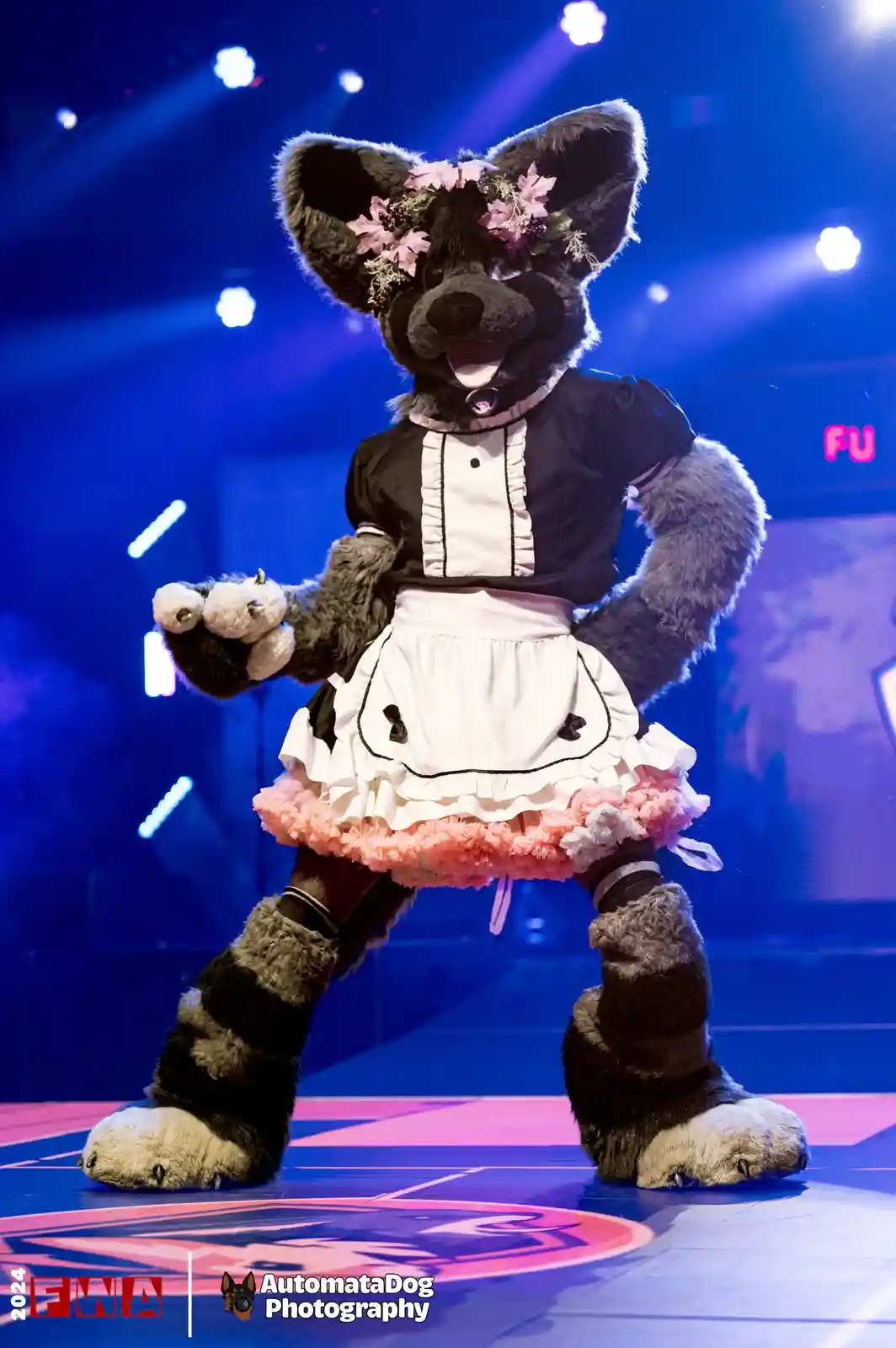 A person in a detailed black and white maid costume with a pink ruffled skirt and floral headpiece poses on a stage under…