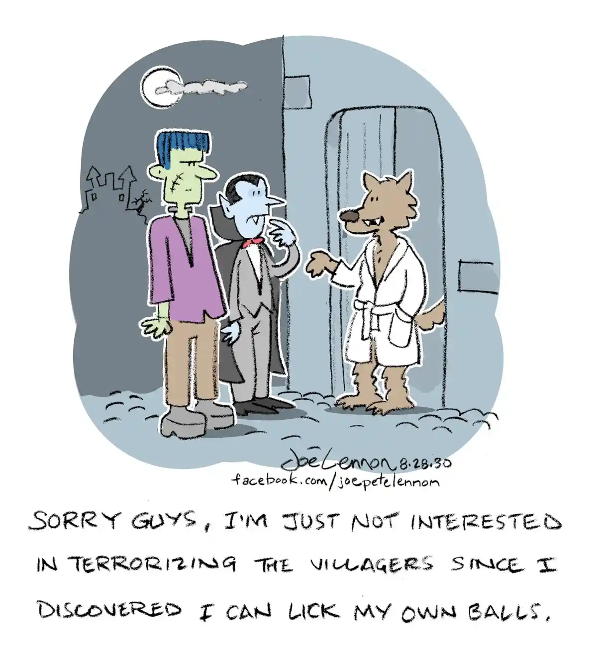 A cartoon depicts a werewolf in a white bathrobe standing in a doorway, addressing two other monsters—a Frankenstein's…
