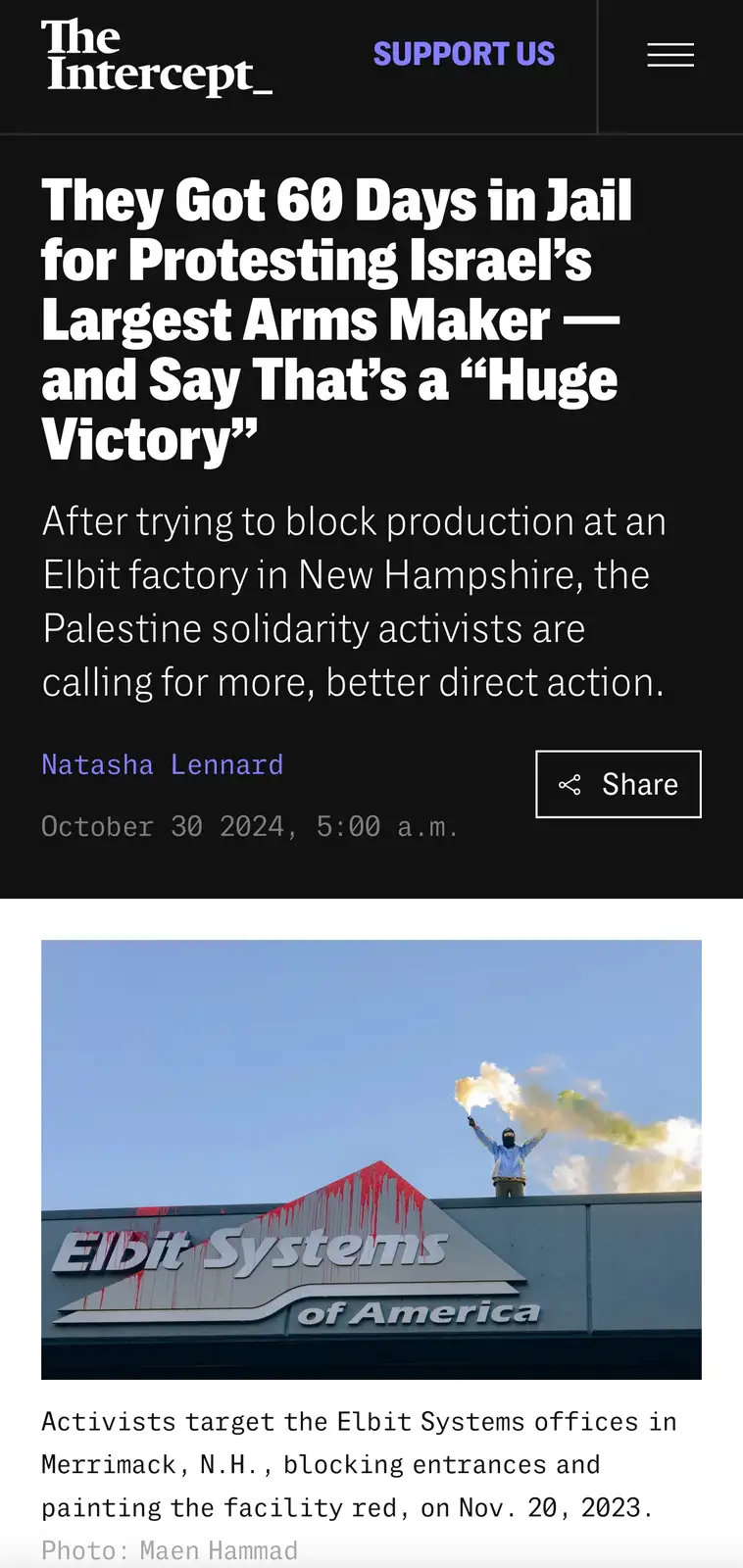 A screenshot of a The Intercept article shows a headline about activists jailed for protesting Elbit Systems of America…