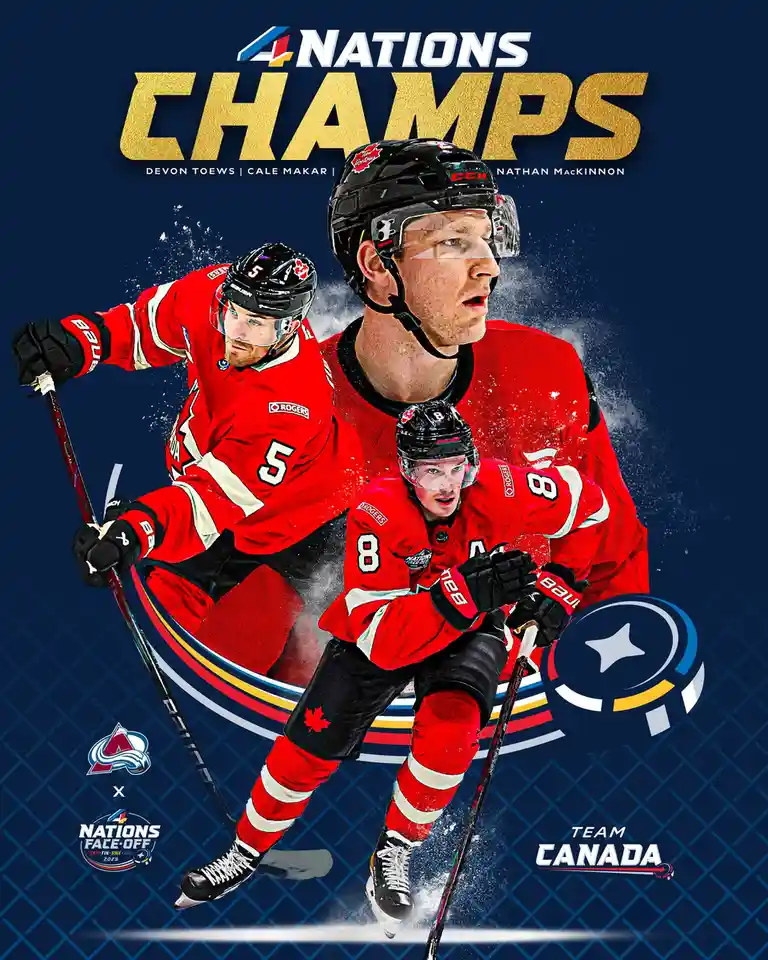 A promotional poster for Team Canada's victory in the 4 Nations Face-Off 2025, featuring three hockey players in red jerseys…