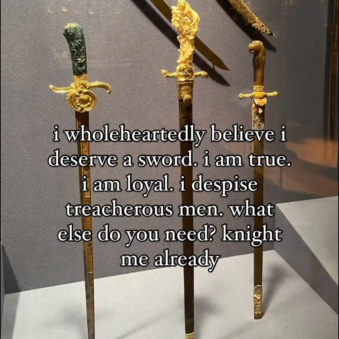 Three ornate, decorative swords are displayed upright in a museum case. Overlaid text reads: 'i wholeheartedly believe i…