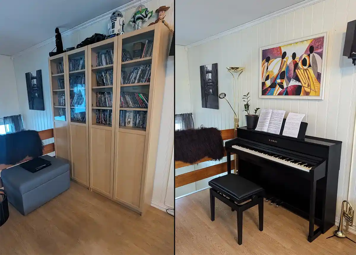 The image is a side-by-side comparison showing a room transformation. On the left, a large wooden bookshelf is filled with…