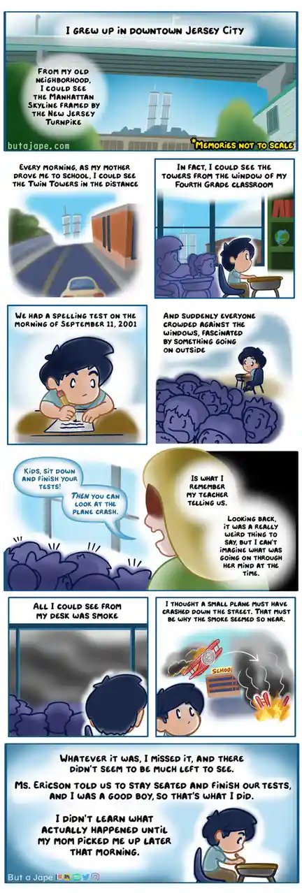 A comic strip depicts a child's innocent, unaware perspective during the September 11, 2001 attacks, as they sit in class…