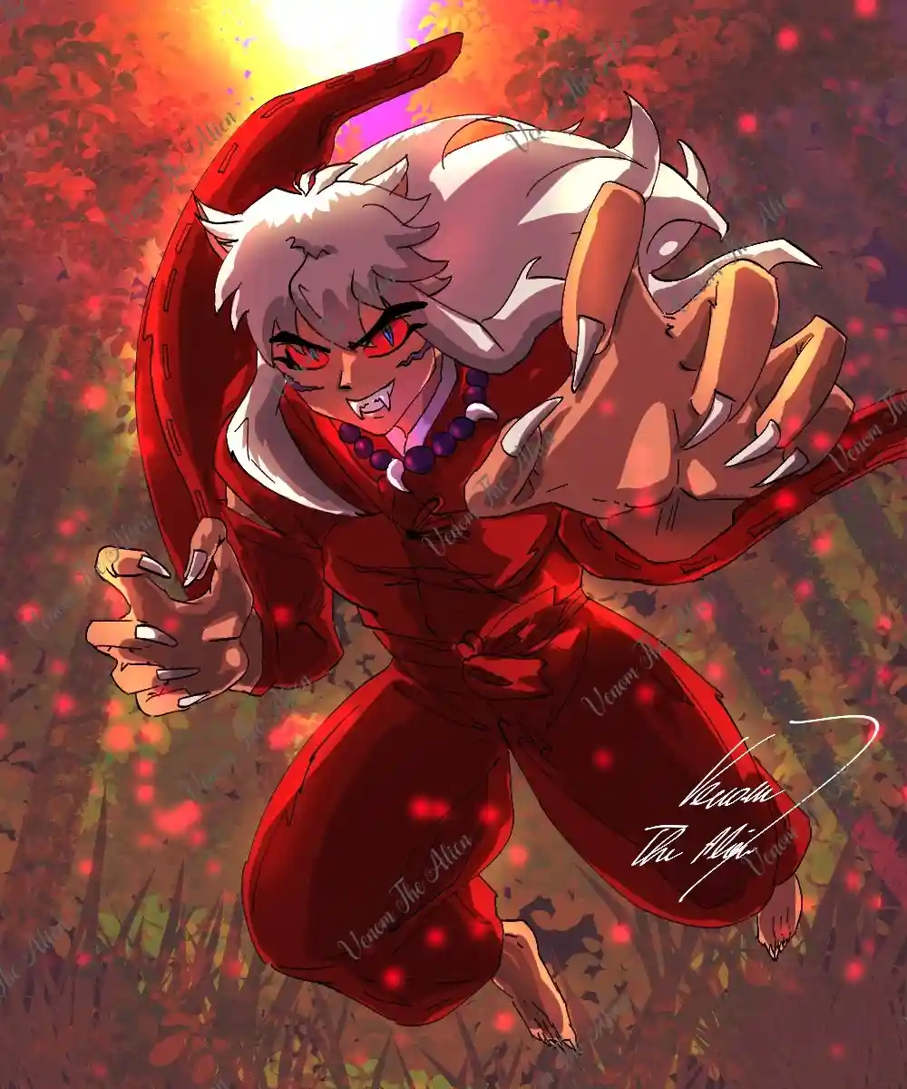 An anime-style illustration of a demonic-looking character with white hair, red eyes, fangs, and long claws, wearing red…