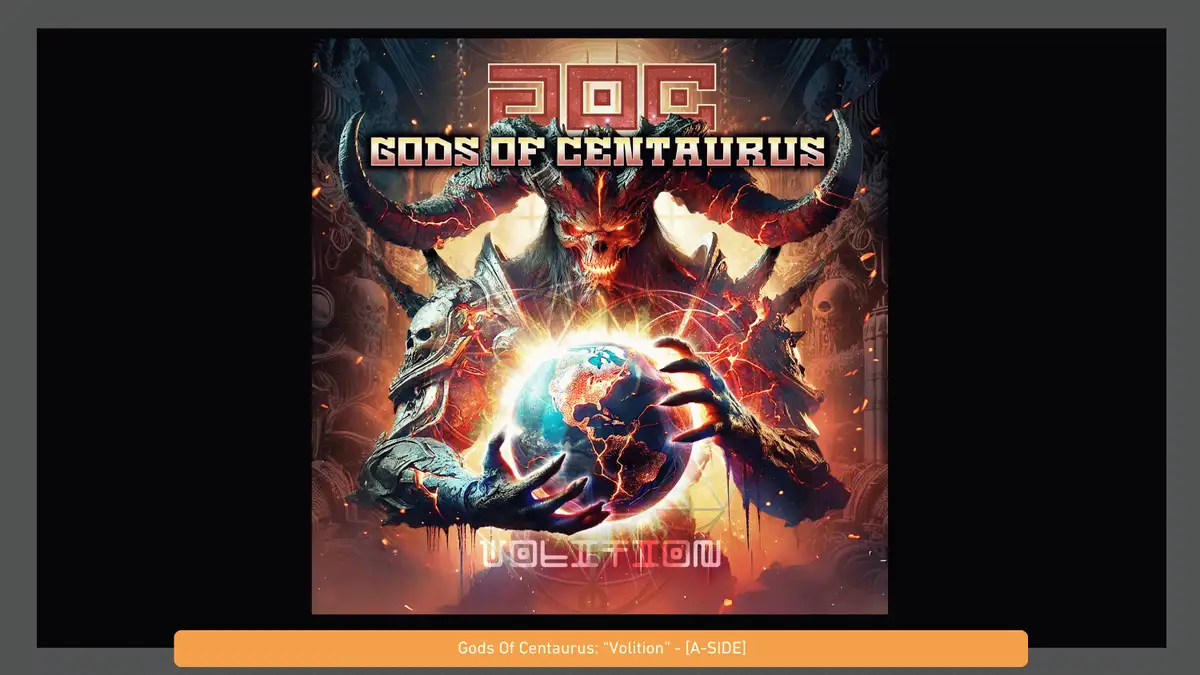 The image shows an album cover featuring a demonic, horned creature with glowing red eyes holding a glowing, cracked globe…