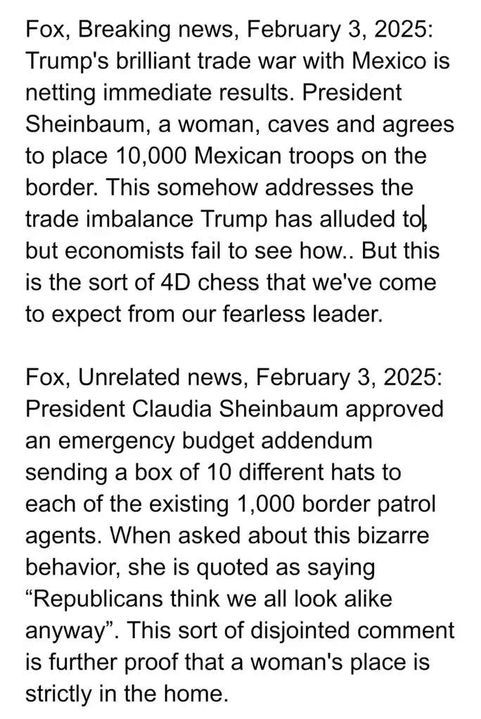 The image displays two fictional news articles from 'Fox' dated February 3, 2025, with satirical headlines and text. The…