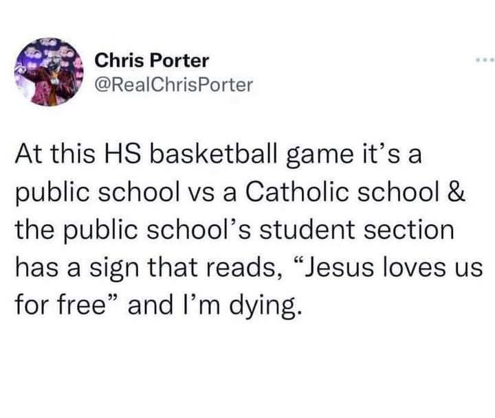 A screenshot of a tweet by Chris Porter (@RealChrisPorter) describing a high school basketball game between a public school…