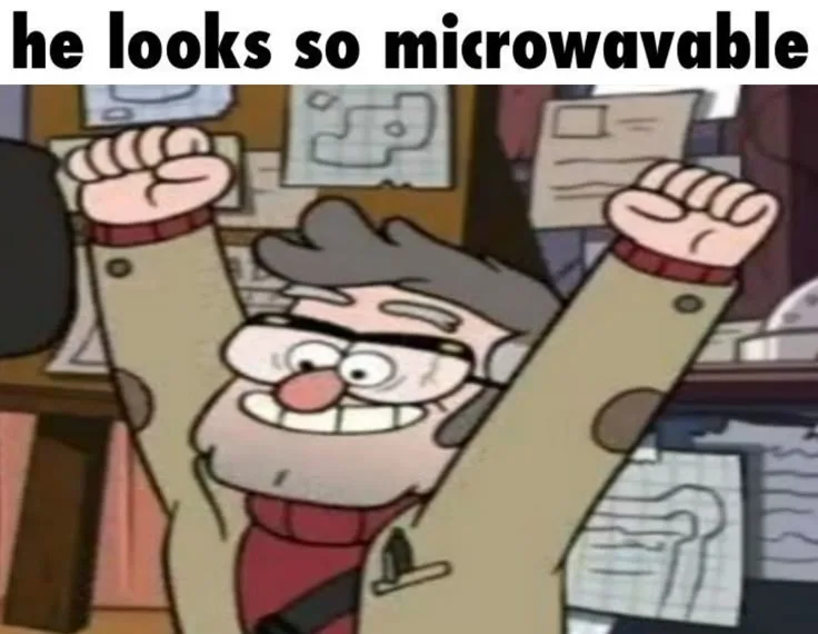 An animated character with glasses, a red scarf, and a beige jacket is shown with both arms raised in a triumphant pose…