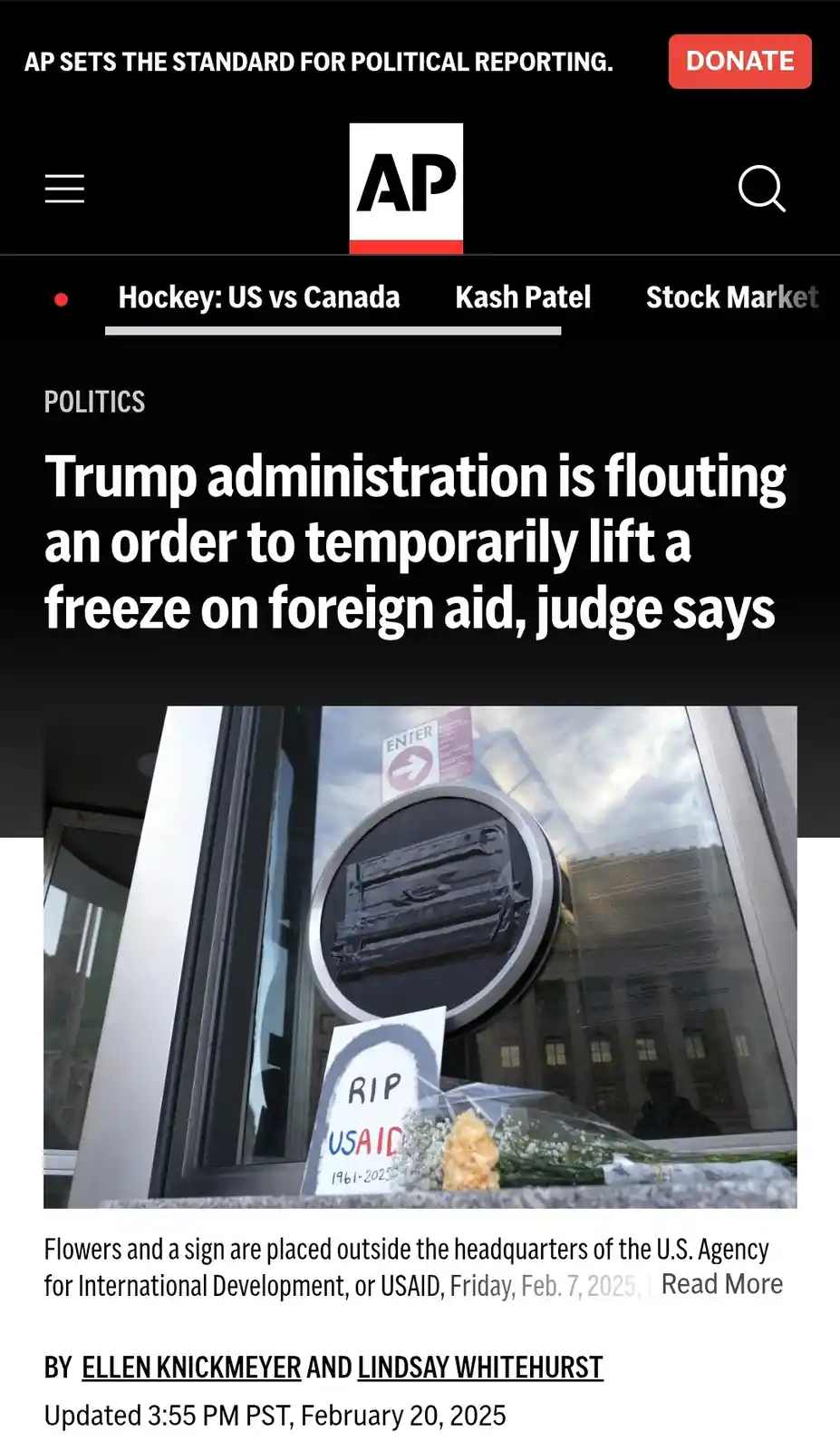 A screenshot of an Associated Press news article about the Trump administration flouting a court order on foreign aid…