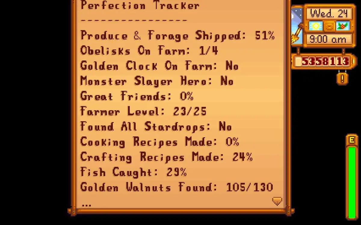 A screenshot from Stardew Valley showing the 'Perfection Tracker' menu with various game progress stats like 'Produce &…